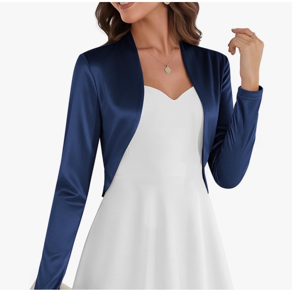 Belle Poque Womens Navy Blue Satin Shrug Bolero Jacket Cropped Open Front Size M